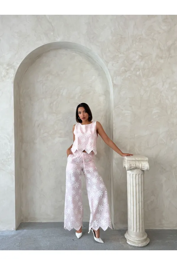 Nakışlı Toptan Pantolon - Pembe | Topshow