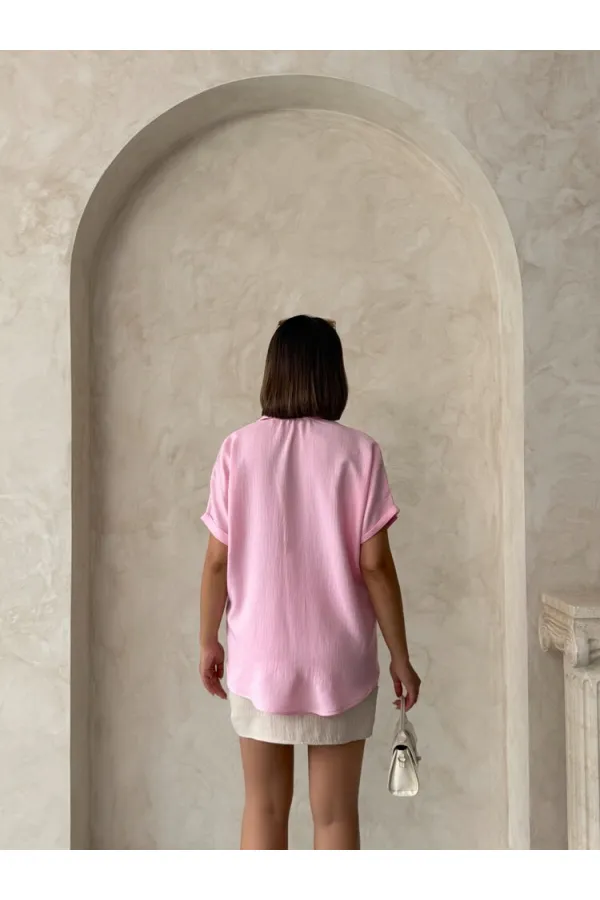 Aplik Cepli Keten Toptan Gömlek - Pembe | Topshow