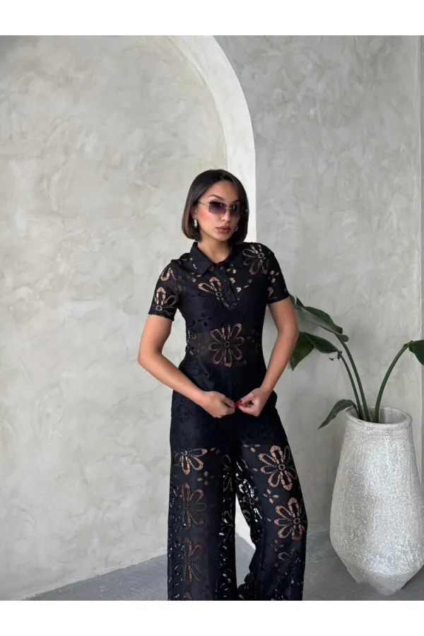 Toptan Gömlek Yaka Dantel Toptan Bluz - Siyah | Topshow