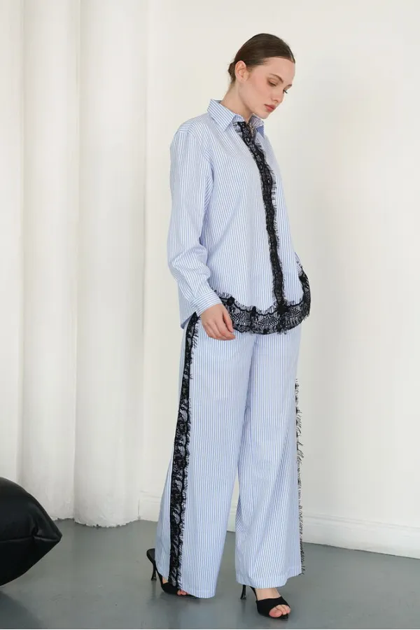 Lace Detail Striped Wholesale Trousers - Blue | F2083 - Topshow