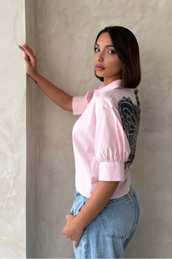 Arkası Kelebek Detaylı Toptan Gömlek   Pembe | Topshow