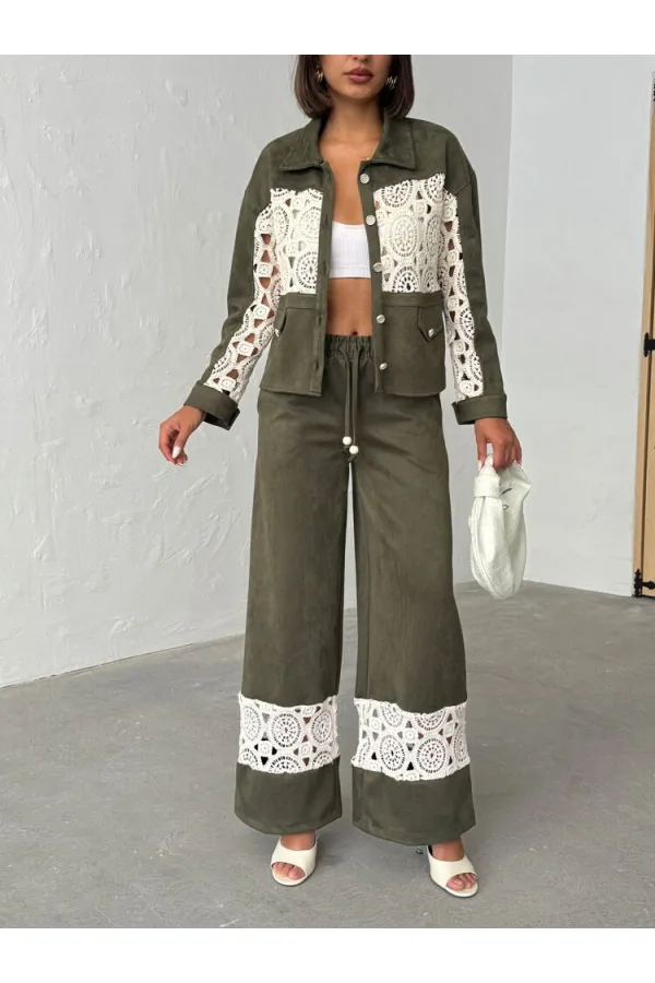 Dantel Detaylı Geniş Paça Kadın Pantolon - Haki | Topshow | F1958