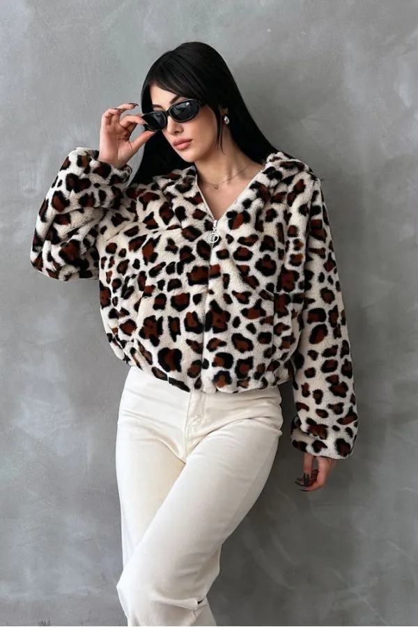 Bskılı Pejuş Toptan Mont - Açık Taş Leopar | TOPSHOW | F1654