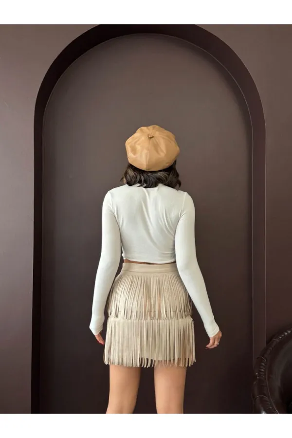 Topshow Tasseled Scuba Suede Wholesale Skirt - Stone | F2030