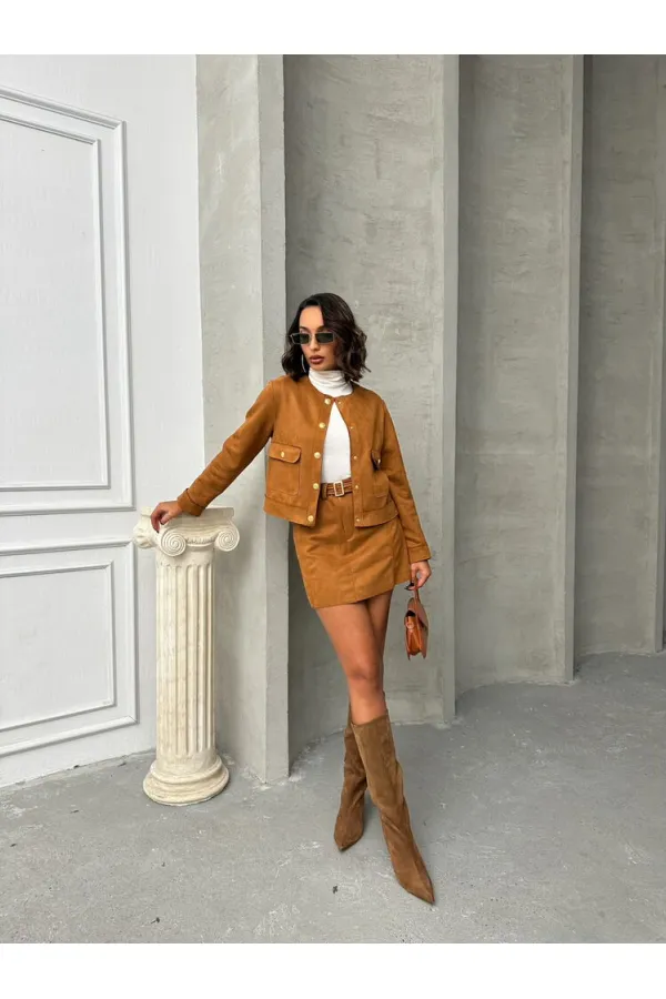 Veste Topshow en daim beige avec poches (vente en gros) | F1800