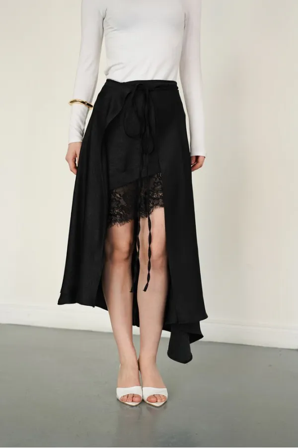 Dantel Detaylı Saten Toptan Etek - Siyah | D2976 - Topshow
