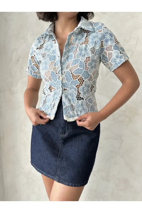 Dantel Gömlek - Mavi | Topshow