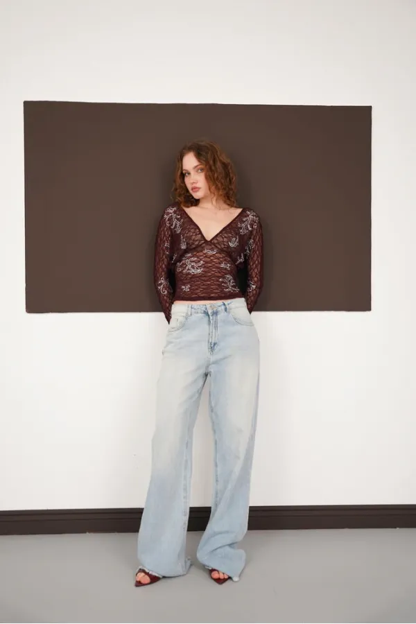 Blouse en dentelle à col V en gros - Café | F2093 - Topshow