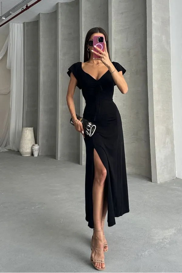 Topshow Black Plain Viscose Wholesale Dress
