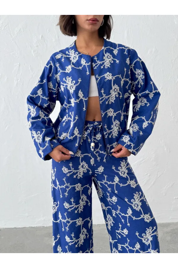 Çiçek Nakışlı Fermuarlı Ceket - Saks | Topshow | F1948