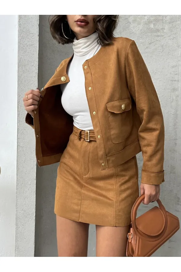 Veste Topshow en daim beige avec poches (vente en gros) | F1800