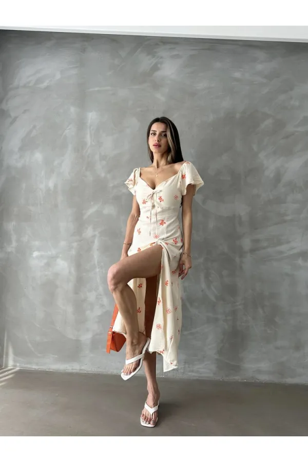 Topshow Orange Pattern Ruffle Sleeve Tied Wholesale Dress