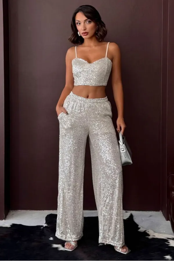 Topshow - Wholesale Sequined Wide Leg Women's Trousers - Stylish Night Outfit - Stone