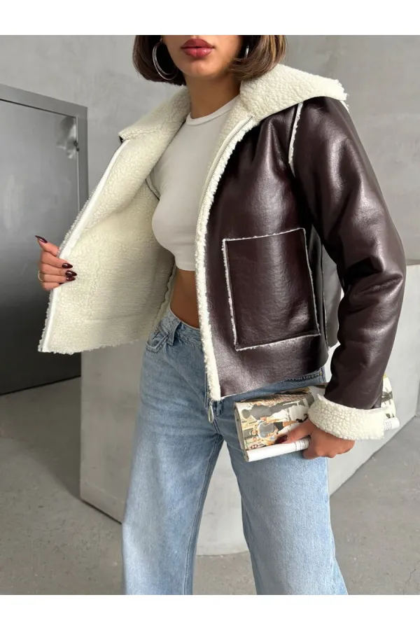 Manteau zippé en cuir laminé - Crème café | TOPSHOW | F1511