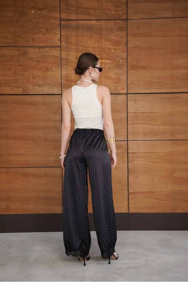Polka Dot Satin Trousers with Lace Hem - Black | D2970 - Topshow