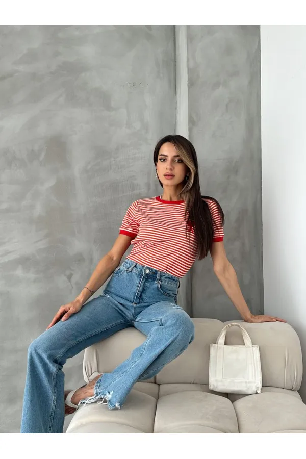 Topshow Oranj Kırmızı Nakışlı Çizgili Toptan Tişört