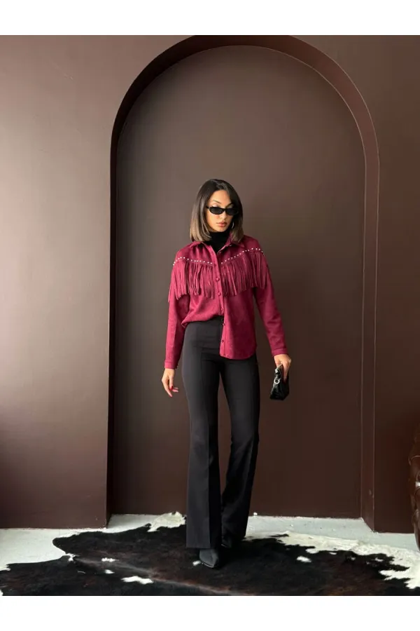 Chemise Topshow à franges en daim scuba - Rouge bordeaux | F2029