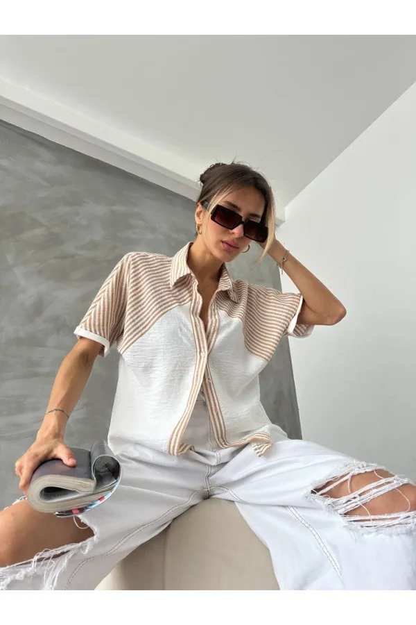 Topshow Stone Line Detailed Low Sleeve Wholesale Shirt