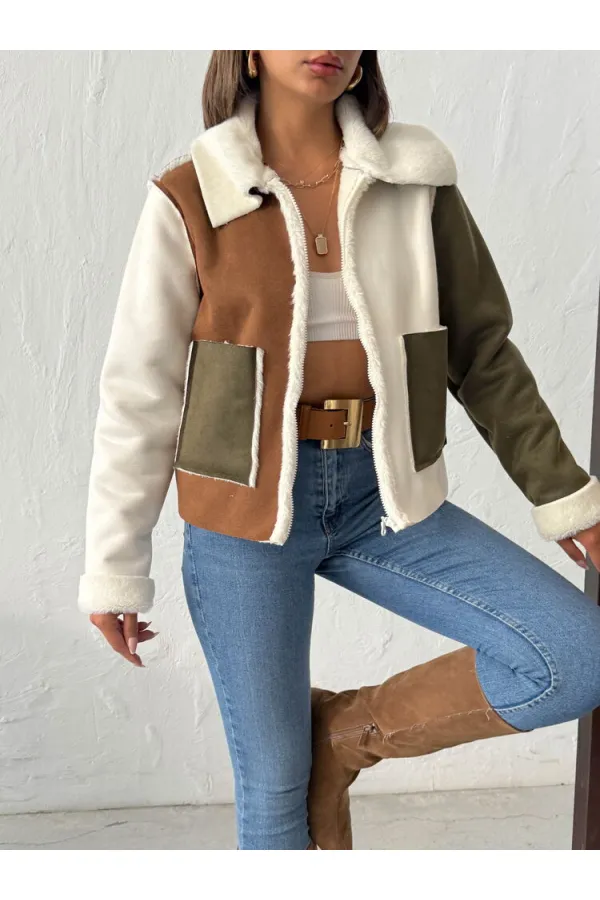 Topshow - Vente en gros de manteaux en daim laminés fourrure de lapin - Crème, kaki, beige