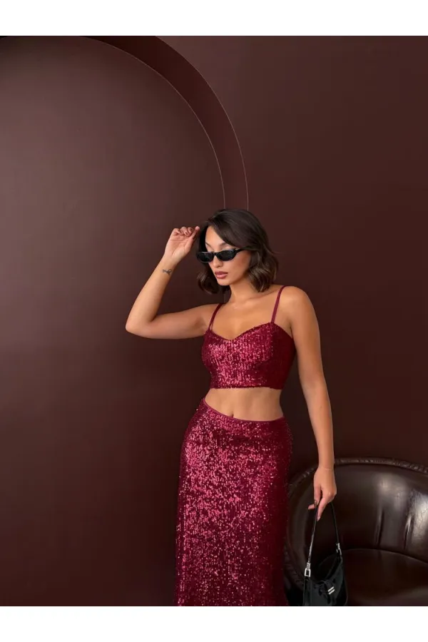 Topshow - Toptan Payetli Büstiyer - Parti Ve Davet Şıklığı - Bordo