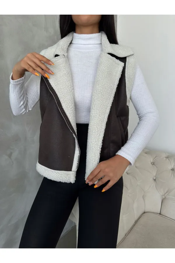 Vente en gros de gilets en daim et fourrure - Anthracite crème | TOPSHOW | F1532