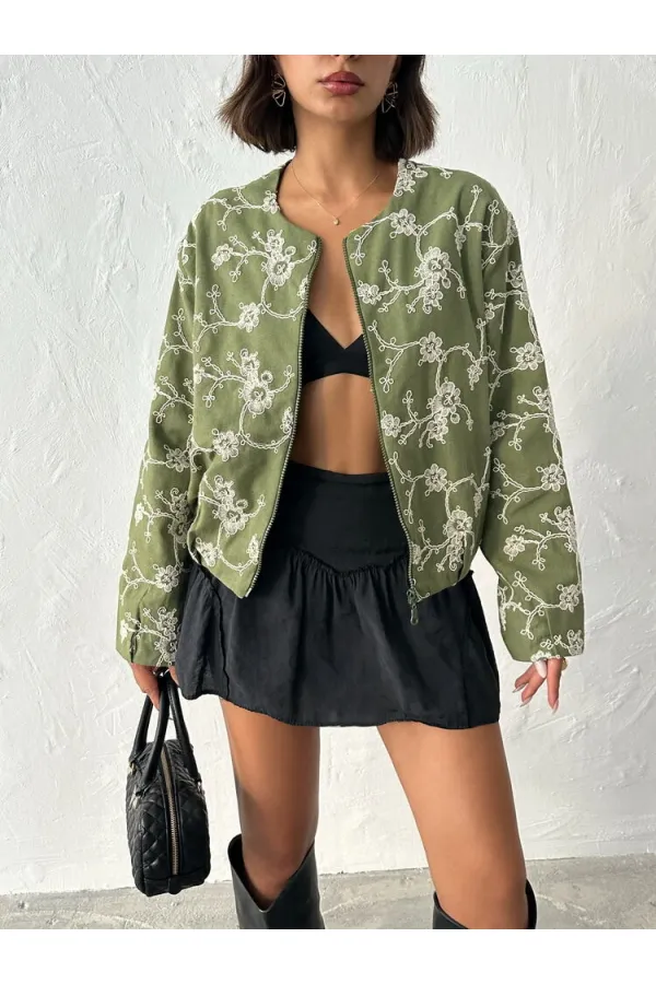 Çiçek Nakışlı Fermuarlı Ceket - Haki | Topshow | F1948