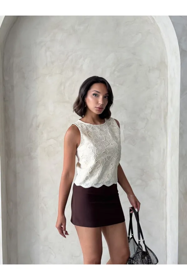 Lace Sleeveless Blouse - Light Stone | Topshow