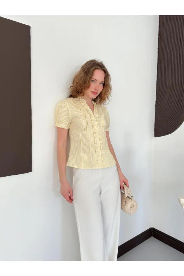 D 3021 STRIPED RUFFLED SHIRT - YELLOW D 3021 STRIPED RUFFLED SHIRT - YELLOW