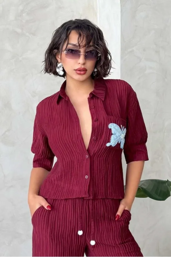 Chemise plissée à motif papillon en gros - Rouge bordeaux | Topshow