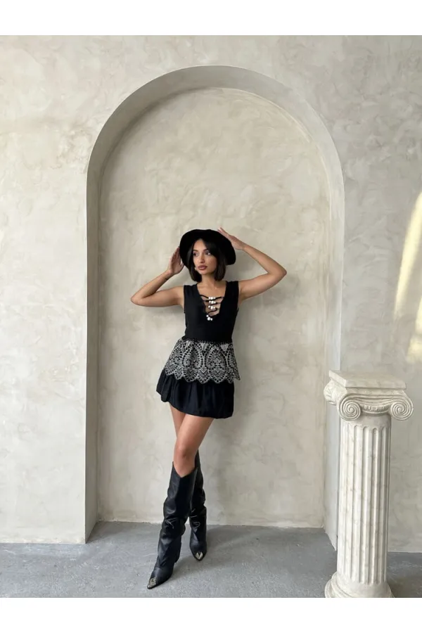 Nakışlı Kolsuz Toptan Bluz - Siyah Siyah | Topshow