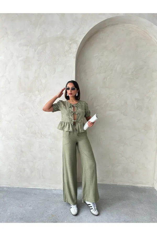 Önden Bağlamalı Nakışlı Toptan Bluz - Açık Haki | Topshow