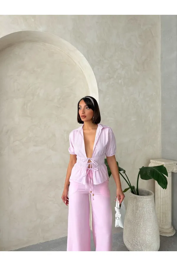 Önden Bağlamalı Çizgili Gömlek - Pembe Topshow