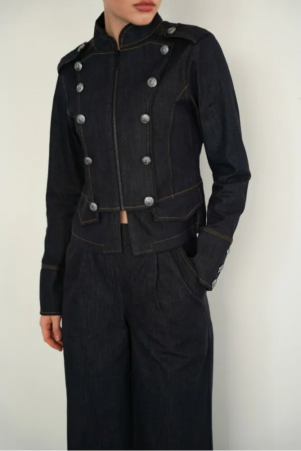Mandarin Collar Zip-Up Jacket with Epaulets - Navy Blue | F2084 - Topshow