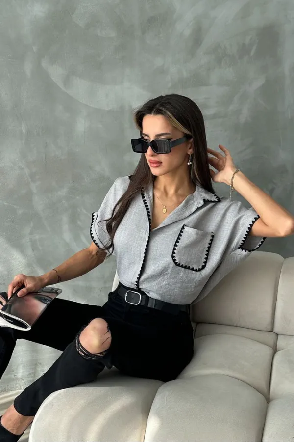 Topshow Gri Çoban Dikişli Keten Toptan Gömlek
