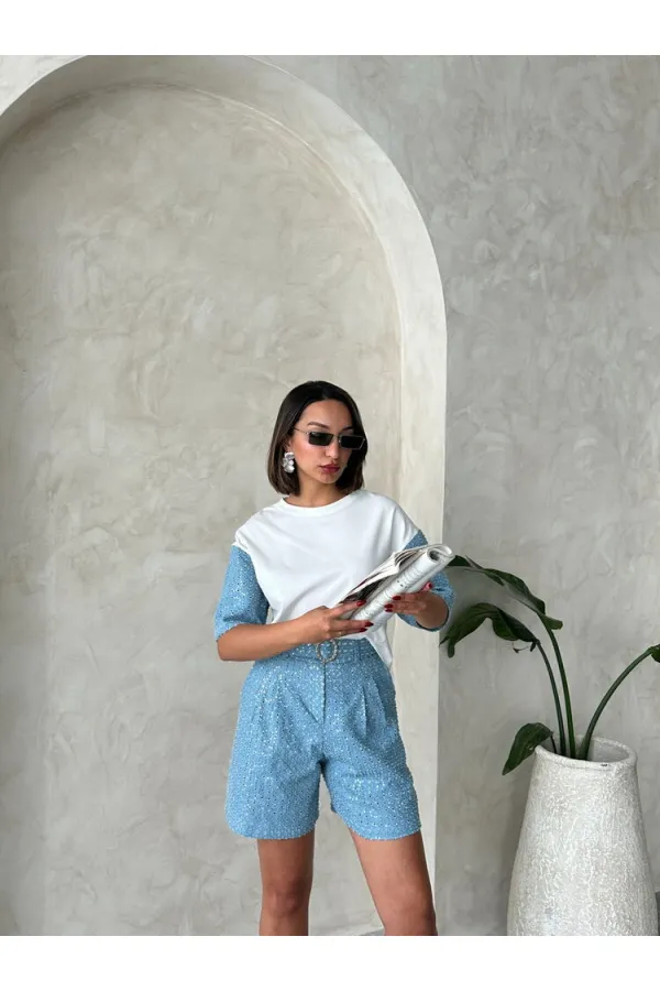 Kol Detaylı Tişort - Mavi | Topshow