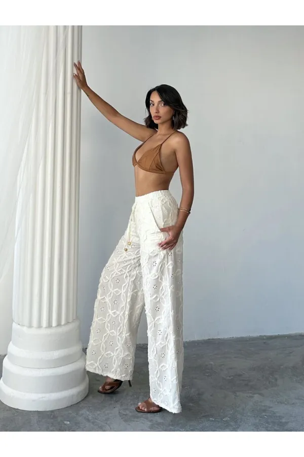 Nakışlı Süzüneli Pantolon - Taş | Topshow