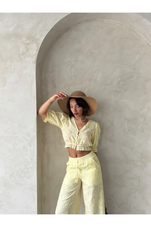 Embroidered Blouse with Scallop Detail - Yellow | Topshow