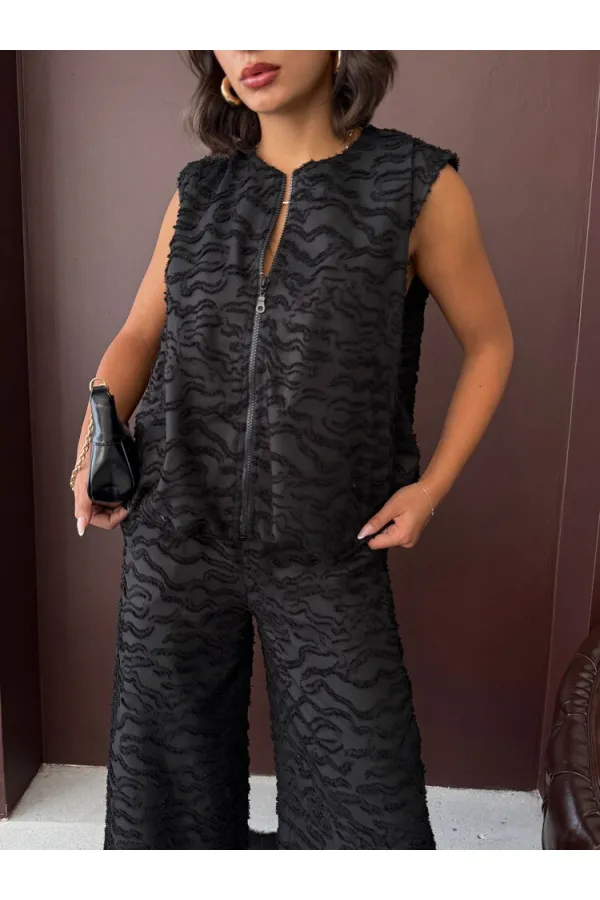 Topshow - Toptan Jakarlı Dokuma Fermuarlı Yelek - Siyah