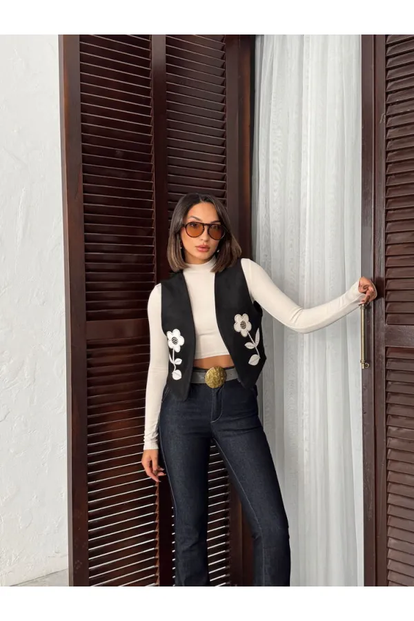 Gilet en daim scuba à applications Topshow - Noir | F2025