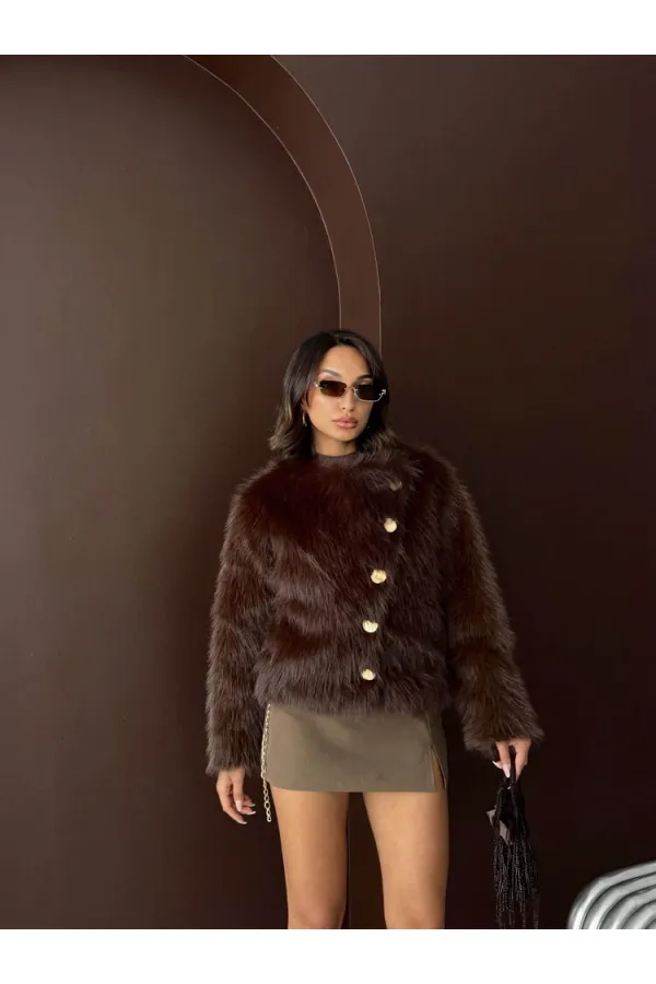 Topshow - Toptan Tavşan Tüyü Dügmeli Kaban - Koyu Kahve