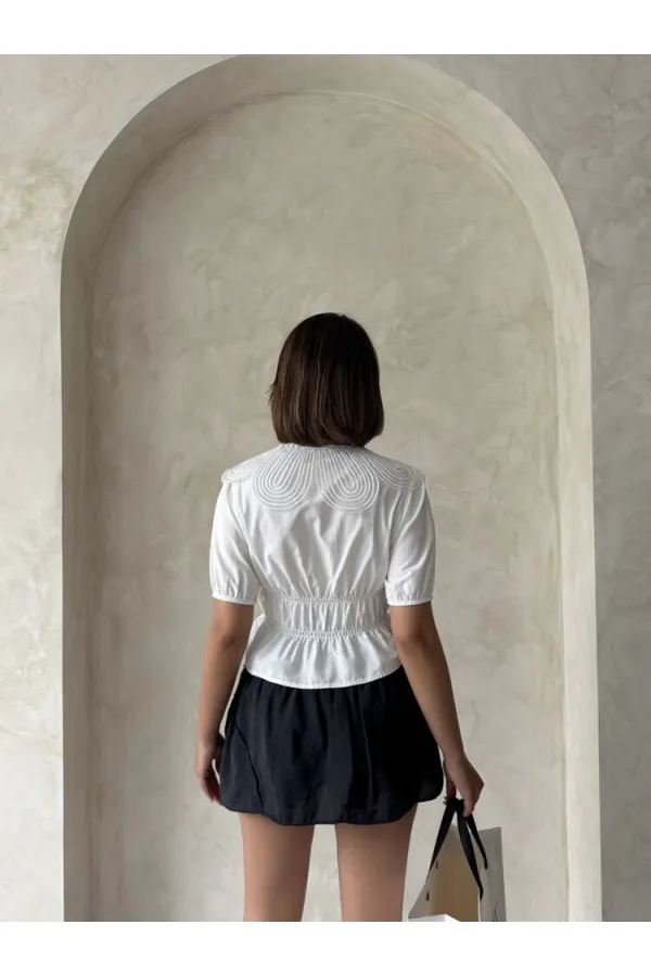 Gathered Shirt with Collar Detail - Cream | Topshow