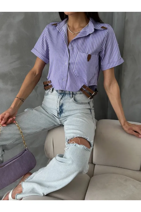 Topshow Lilac Striped Belt Detailed Striped Wholesale Shirt
