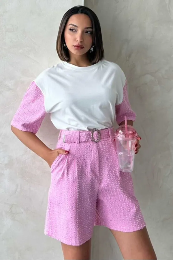 Kol Detaylı Tişort - Pembe | Topshow