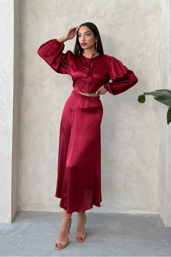 Kraşlı Saten Toptan Etek - Bordo | Topshow | F1915