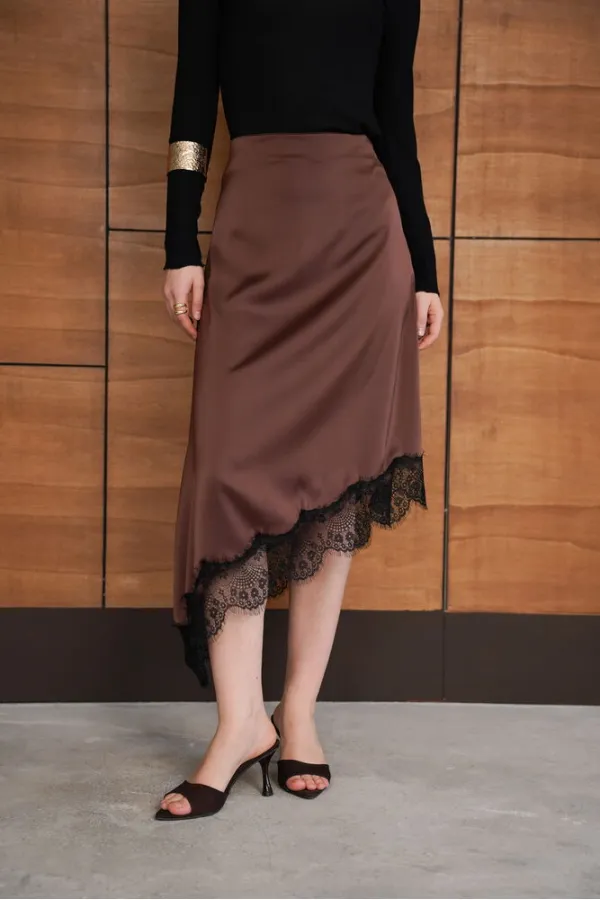 Jupe asymétrique en dentelle - Marron | D2951 - Topshow