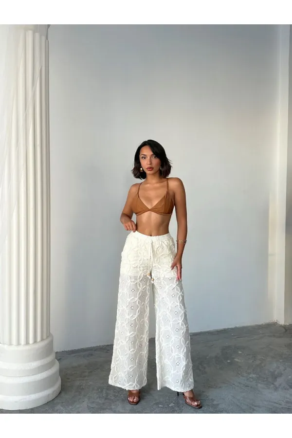 Nakışlı Süzüneli Pantolon - Taş | Topshow