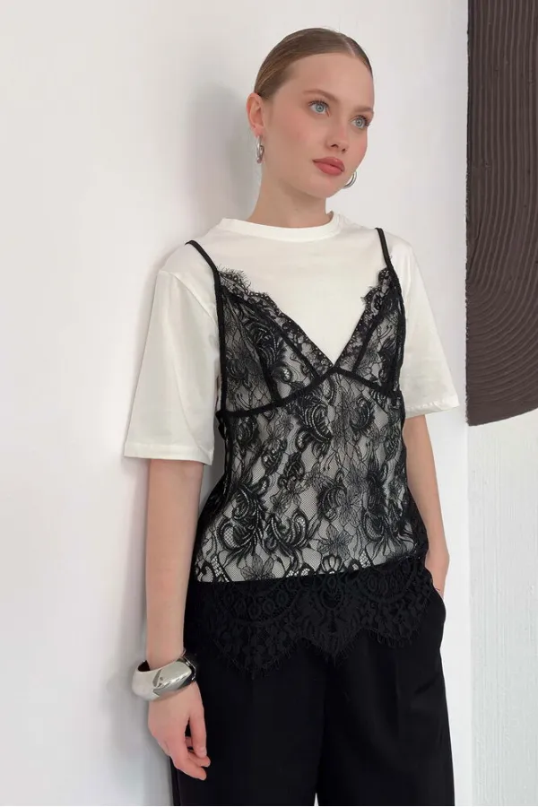 Penye Tunik Üstü Dantel Kısa Elbise - Krem | D3009 Topshow