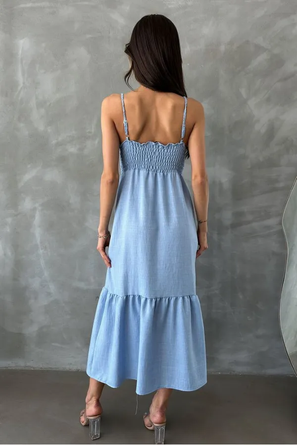 Robe longue Topshow bleue en lin à bretelles et col en V, vente en gros