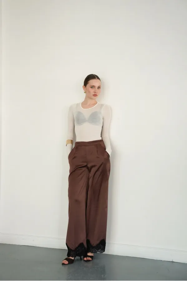 Wholesale Satin Trousers with Lace Hem - Coffee | D2969 - Topshow