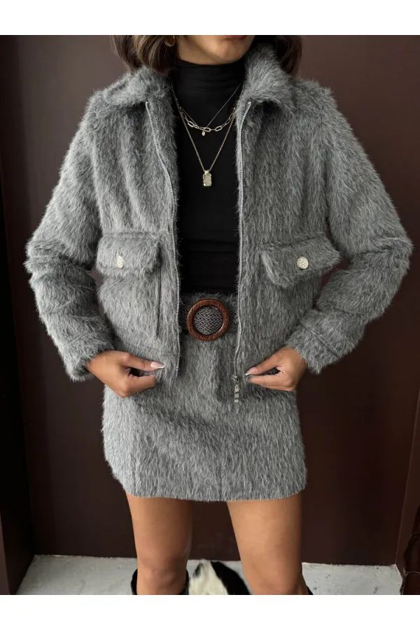 Topshow - Veste femme aspect fourrure synthétique en gros - Grise